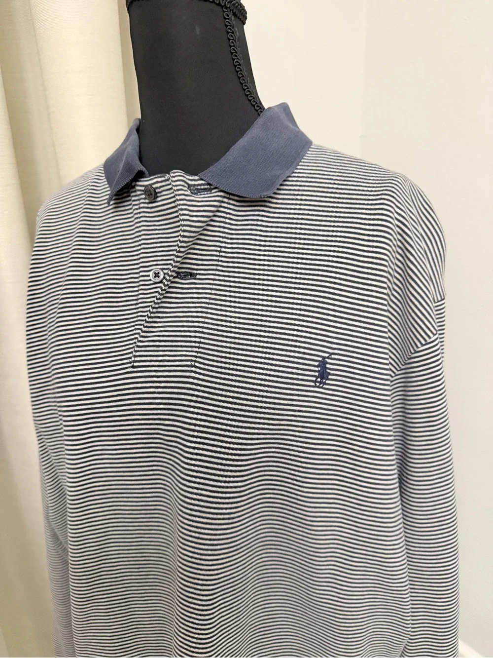 Vintage Polo Ralph Lauren Long-Sleeve Striped Polo Shirt - Navy/White